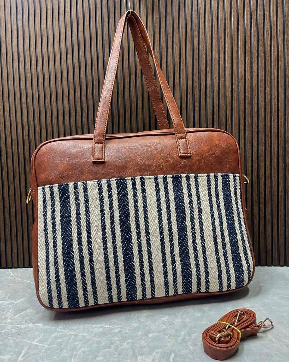 Beige & Blue Stripe Jacquard Luxe Laptop Bag with Brown Leatherite